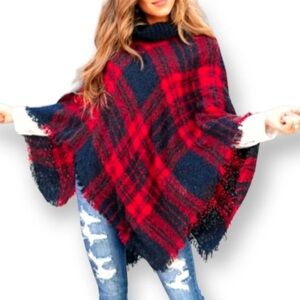 Chic Soul Poncho Red Dark Navy Plaid Sweater 1X